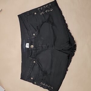 Billabong Black Denim Short Shorts, Raw Hem, Side Stitching / Laces, Size 27